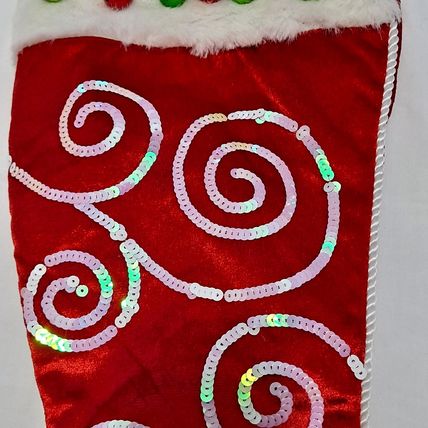 Whimsical Red ELF TOE CHRISTMAS STOCKING Velvet Satin Fuzzy Jingle Bells 23"