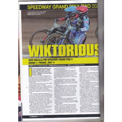 Speedway Star : July 12, 2025. Kurtz wins Malilla GP. Tom Brennan.