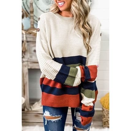White Buttoned Shoulder Drop Shoulder Striped Sweater