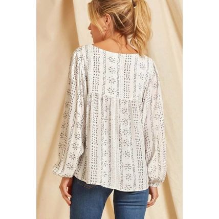 Beige Long Sleeve Embroidered Print Blouse