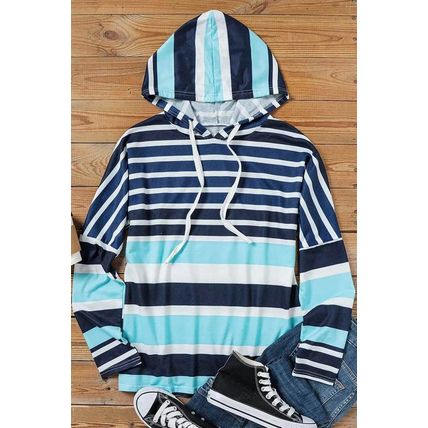 Multi Striped Drawstring Long Sleeve Hoodie