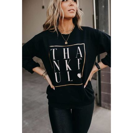 Black THANKFUL Heart Print Long Sleeve Sweatshirt