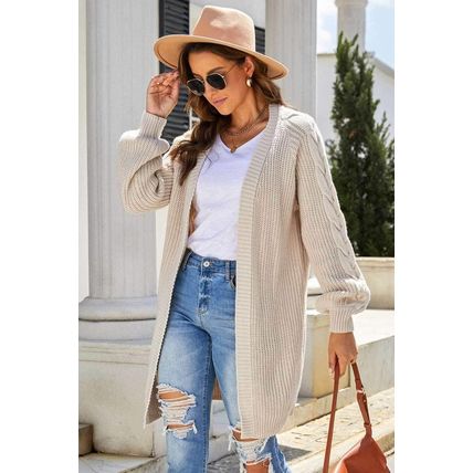 Khaki Open Front Cable Sleeve Long Cardigan