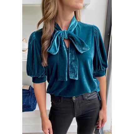 Peacock Blue Velvet Bow Tie Neck Short Sleeve Top