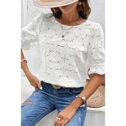 White Flower Eyelet Jacquard Keyhole Flounce Sleeve Top
