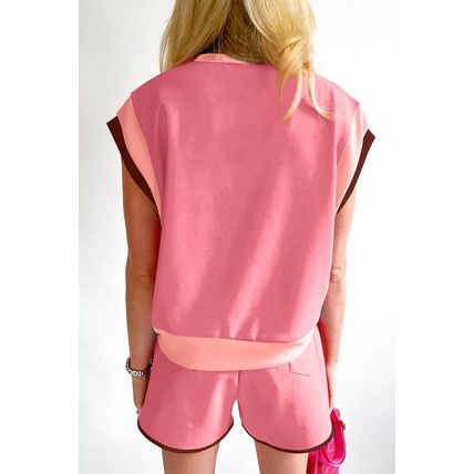 Peach Blossom Contrast Trim Cap Sleeve Tee Shorts Set