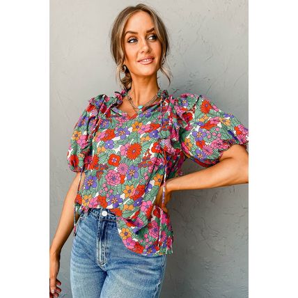 Red Floral Tie Split Neck Ruffle Puff Sleeve Blouse