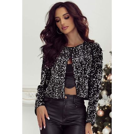 Black Sequined Open Front Cropped Jacket