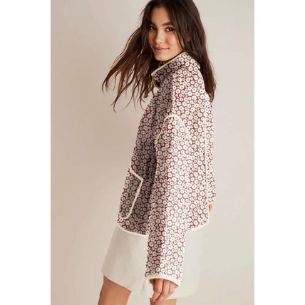 Pink Floral Print Contrast Edge Stand Neck Coat