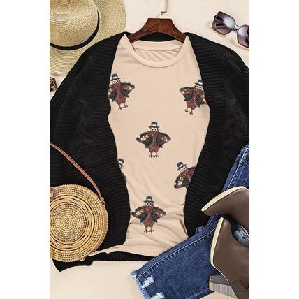 Khaki Sequined Turkey Patched Pattern Crewneck Thanksgiving T Shirt