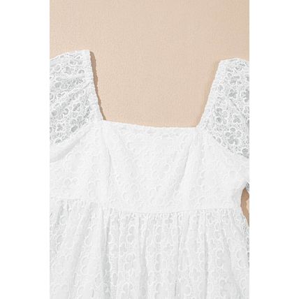 White Floral Lace Puff Sleeve Empire Waist Mini Dress