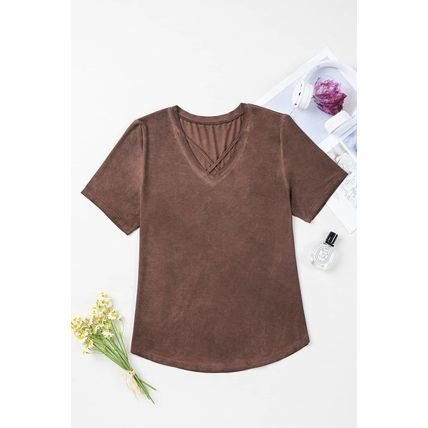 Chestnut Mineral Wash Criss Cross V Neck Casual T Shirt