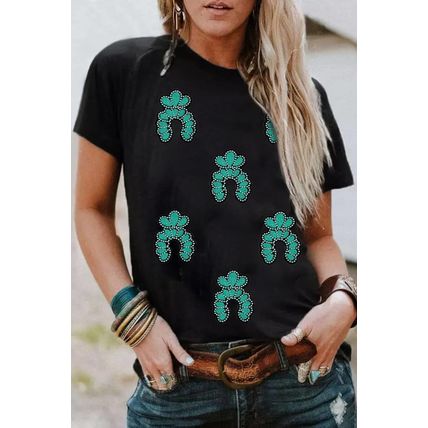 Black Western Turquoise Pattern Sequin Patched T Shirt