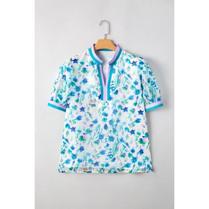 Green Floral Print Colorblock Edge Puff Sleeve Split Neck Plus Size Blouse