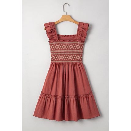 Red Sandalwood Geometric Stitch Shirred Bodice Ruffled Trim Sleeveless Mini Dres