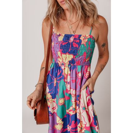 Purple Floral Print Shirred Spaghetti Strap Loose Maxi Dress