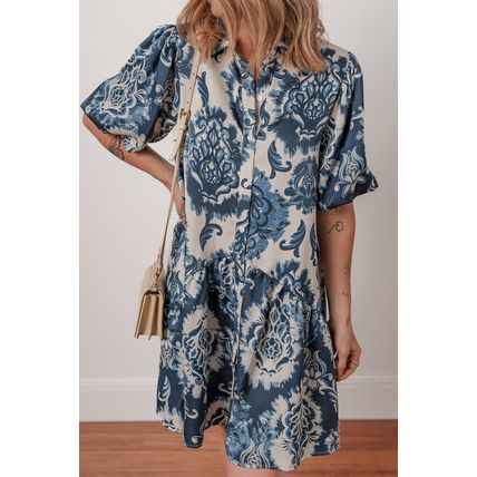 Blue Boho Floral Print Buttoned Collared Loose Fit Mini Dress