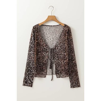 Multicolour Leopard Sheer Mesh Long Sleeve V Neck Lace-up Blouse