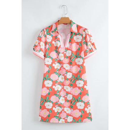 Fresh Salmon Floral Print Contrast Striped Trim Polo Collar T Shirt Dress
