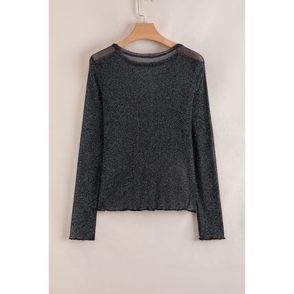 Black Metallic Glitter Mesh Long Sleeve Top