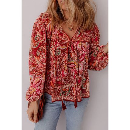 Multicolour Ethnic Paisley Print Tassel Tie Puff Sleeve Boho Blouse