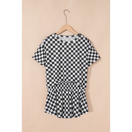 Black Checkerboard T Shirt and High Waist Skorts 2 Piece Outfit