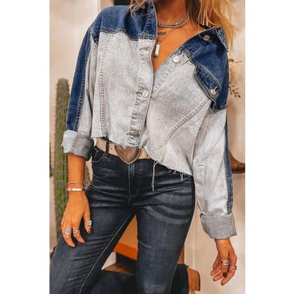 Dusk Blue Color Block Patchwork Flap Detail Distress Denim Jacket