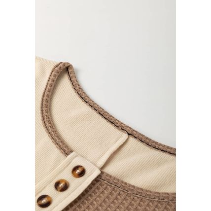 Beige Color Block Waffle Knit Stitch Detail Long Sleeve Top