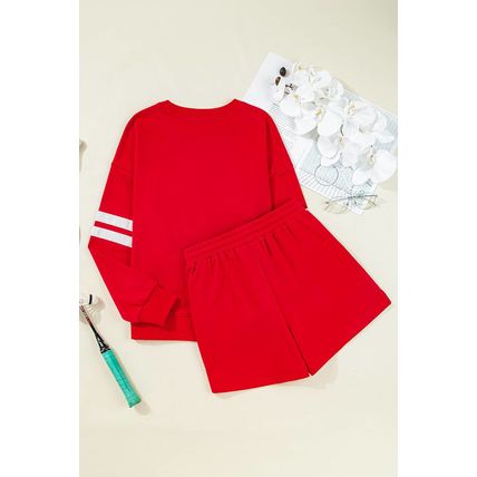 Fiery Red Varsity Striped Sleeve Drop Shoulder Sweatshirt and Short Set