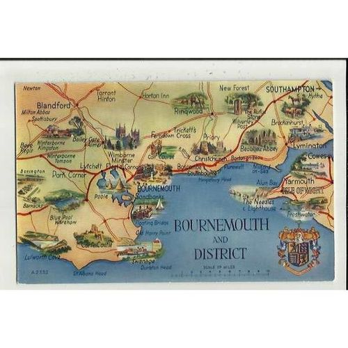 A2332 BOURNEMOUTH & DISTRICT Map Valentine "Art Colour" Postcard