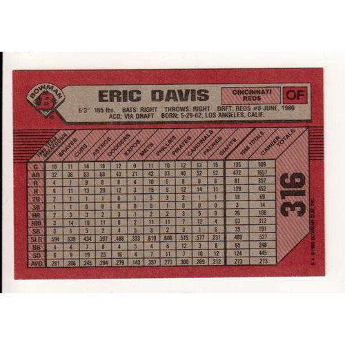 1989 Bowman baseball Eric Davis card #316 -NM – Reds