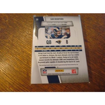 2011 Panini America, Game Worn Patch Card, SAM BRADFORD Rc, #36, Rams