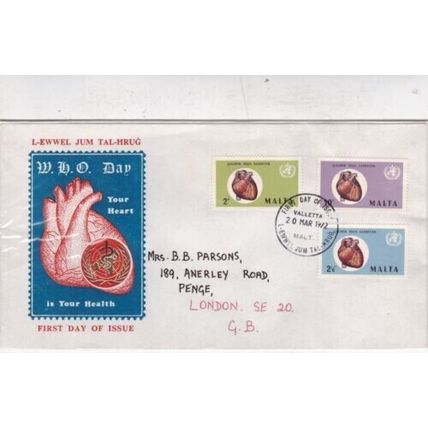 Malta 1972 International Heart Campaign FDC Valletta cancel written VGC