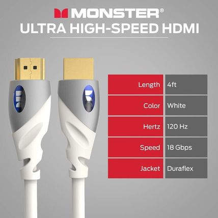 Monster 18Gbps 4K HDMI 2.0 Cable-4 FT-18Gbps-4K HDR-3D-1080P-Ethernet-WHITE-FAST