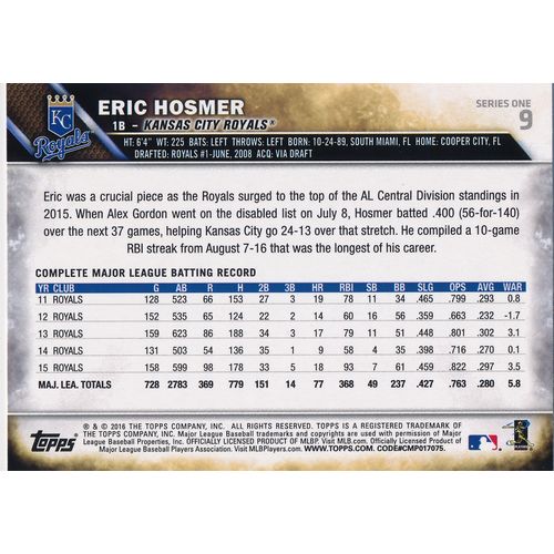 2016 Topps Baseball 9 Eric Hosmer Kansas City Royals