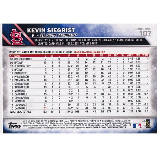 2016 Topps Baseball 107 Kevin Siegrist St. Louis Cardinals