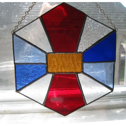 OOAK Handmade Stained Glass 6-Sided 8" Sun Catcher in Blue/Red/Gold/Clear
