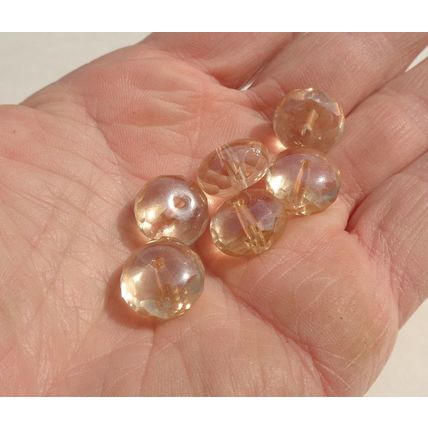 6 Fat Saucer Glass Beads 13mm x 9mm Faceted Edges Chapagne Tinted Rondelle 087