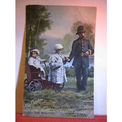 YOUNG MOTORISTS AND POLICEMAN used antique postcard by Raphael Tuck 1908 pm #