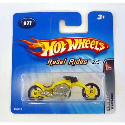 Hot Wheels Blast Lane #077 Rebel Rides 2/5 Yellow Die-Cast Cycle Short Card 2005