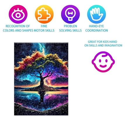 Colorful Tree Wooden Jigsaw Puzzle Art, Uniquely Animal Shaped Pieces Toys