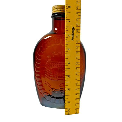 Vintage Log Cabin Syrup Embossed Amber Glass Bottle Bicentennial Liberty 1776