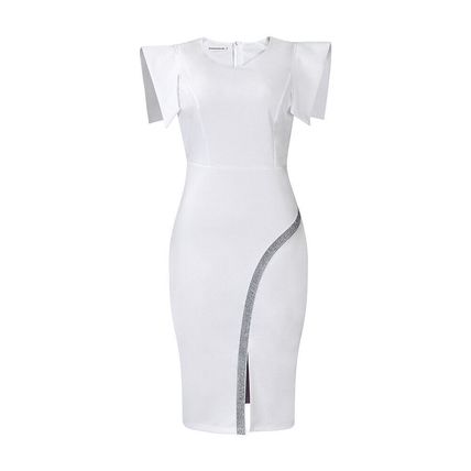 Summer new short sleeve bag hip tight temperament through slit bright edge dress