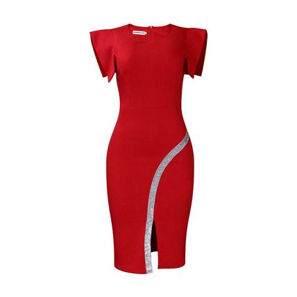 Summer new short sleeve bag hip tight temperament through slit bright edge dress