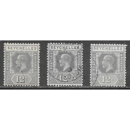 SEYCHELLES 1922 KG5 12c DIE 2 SHADES x3 USED SG107 107 SG