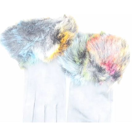 Ladies Gloves Grey with Multicoloured Faux Fur Trim 24 CM Clothing Accessory