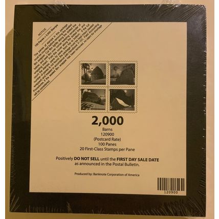 Barns Full Sealed Pad of Postcard Stamps 100 Sheets (2000 Stamps) Scott 5546-9