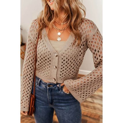 Smoke Gray Pointelle Knit V Neck Button Up Crop Cardigan