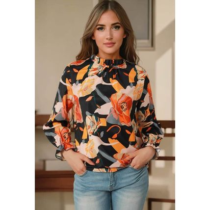 Black Floral Print Mock Neck Blouse