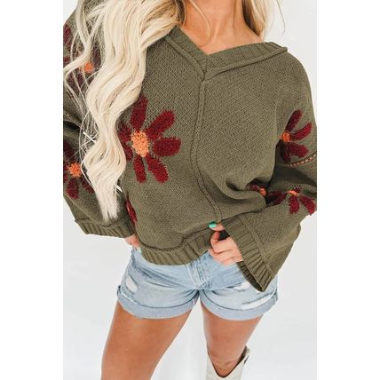 Sage Green Flower Knit Ribbed Trim V Neck Sweater